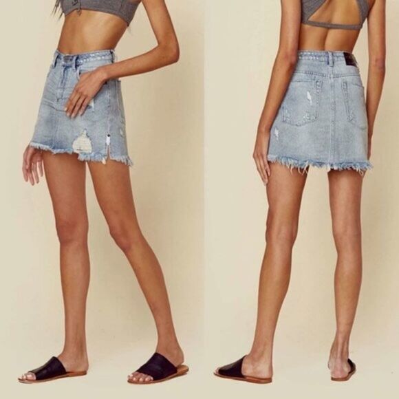 ONE TEASPOON High Waisted Denim Jean Mini Skirt Distressed Raw Hem Blue 23 - Picture 1 of 5